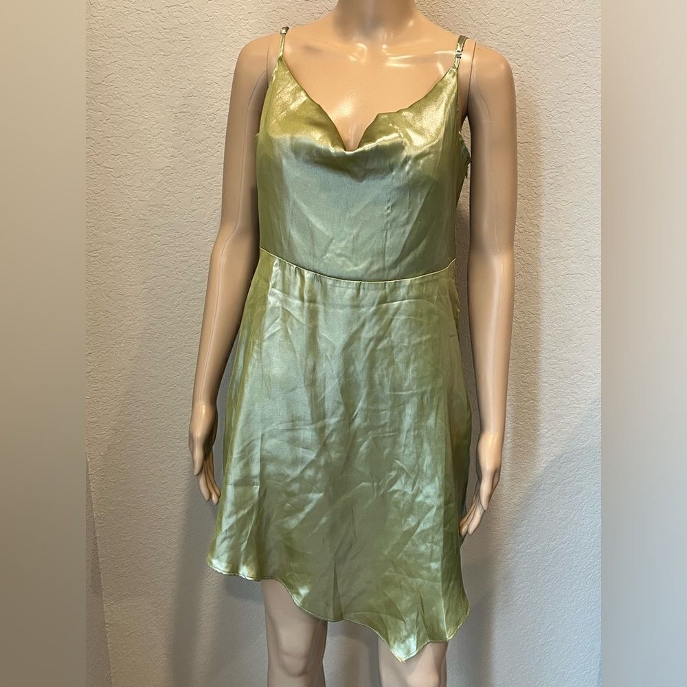 NWT Urban Outfitters asymmetric satin olive green dress